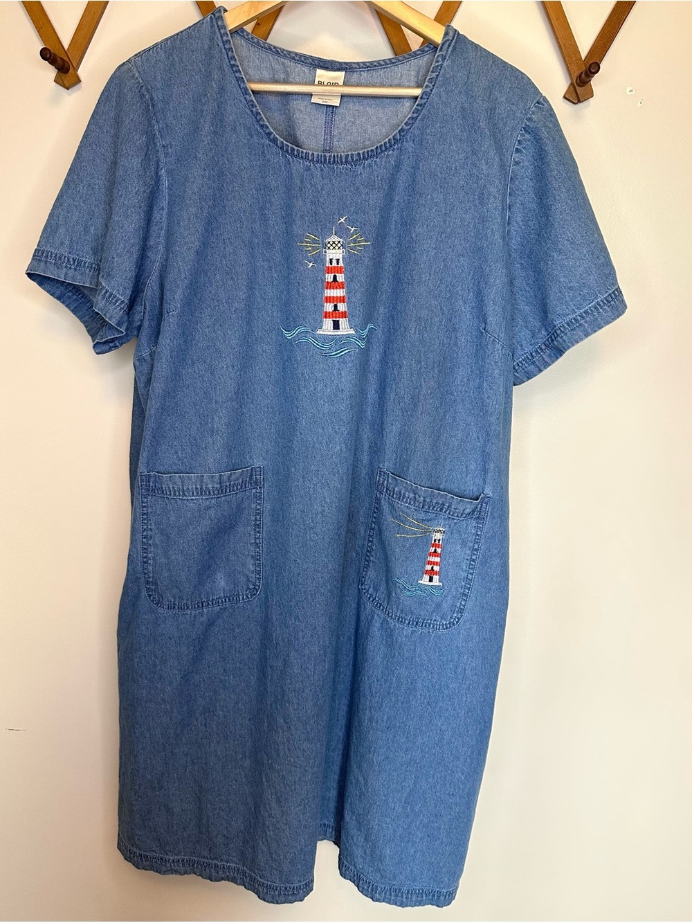 Blair Denim Mini Dress with Red & White Lighthouse Embroidery